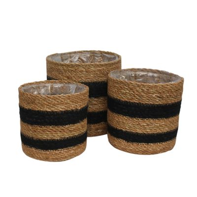 Set of 3 Black / Natural stripe Seagrass and Braided Jute Basket with Liner