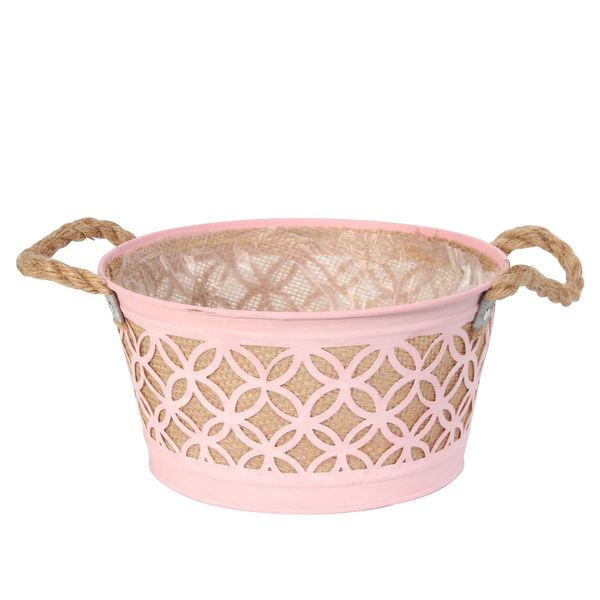 Round Pink Zinc Planter with Hessian Liner & Rope Handles