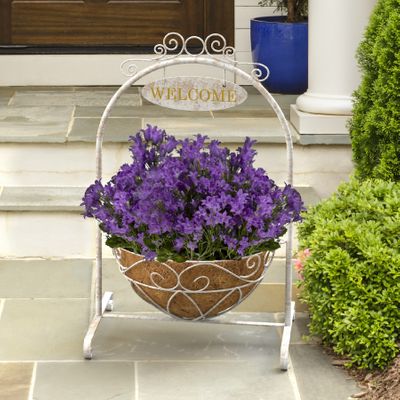 French Country Scroll Welcome Stand with Hanging Basket, Distressed White, Full Colour Box