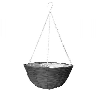 	14\" Faux Rattan Hanging Basket, Black