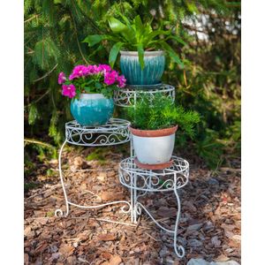 French Country Scroll 3-Tier Plant Stand, Distressed White, Colour Box