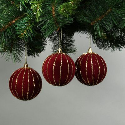 Red 8cm Velvet Baubles with Glitter