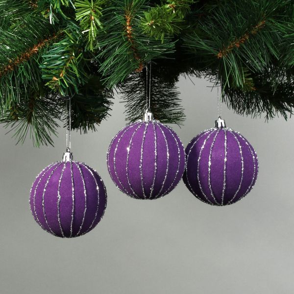 Purple 8cm Velvet Baubles with Glitter