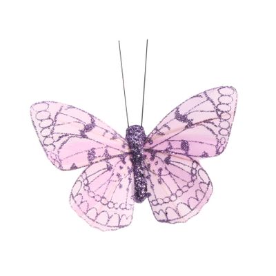 Lavender Feather & Glitter Butterfly 6cm x 8cm w/clip / Pk 12