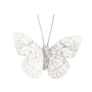 Silver Feather & Glitter Butterfly 6cm x 8cm w/clip/ Pk 12