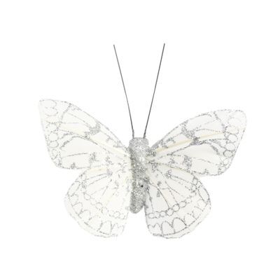 Silver Feather & Glitter Butterfly 6cm x 8cm w/clip/ Pk 12