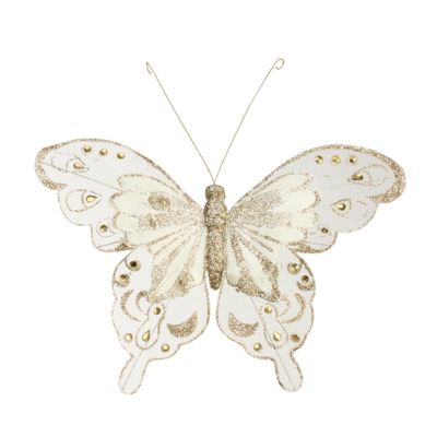 Ivory/ Champagne Fabric & Glitter  Butterfly   16cm x 24cm  w/clip/ Pk 6