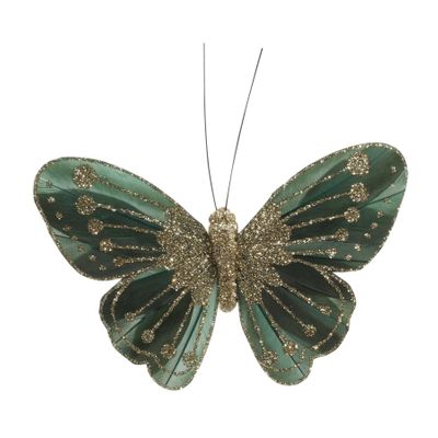 Green Feather & Glitter Butterfly 8cm x 11.5cm w/clip /Pk 12