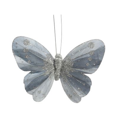 Silver Feather & Glitter butterfly 8cm x 11.5cm w/clip/ Pk 12