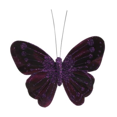 Purple Feather & Glitter Butterfly 8cm x 11.5cm w/clip/ Pk 12