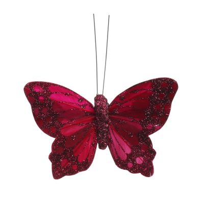  Burgundy Feather & Glitter Butterfly 6cm x 9cm w/clip/ Pk 12