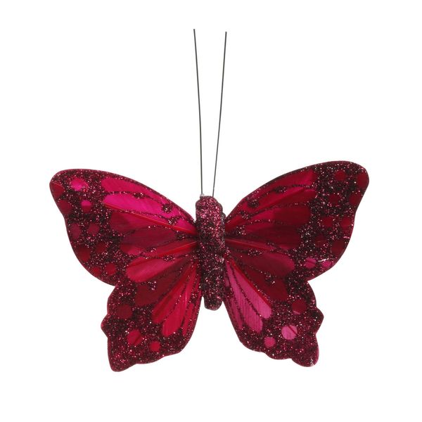  Burgundy Feather & Glitter Butterfly 6cm x 9cm w/clip/ Pk 12