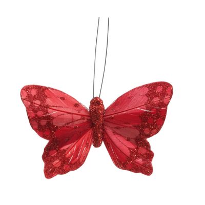  Red Feather & Glitter Butterfly 6cm x 9cm w/clip/ Pk 12