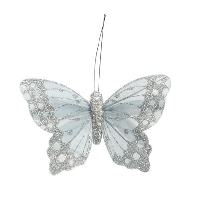  Silver Feather & Glitter Butterfly 6cm x 9cm w/clip /Pk 12