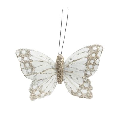 Ivory / Gold Feather & Glitter Butterfly 6cm x 9cm w/clip/Pk 12