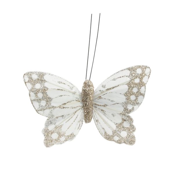 Ivory / Gold Feather & Glitter Butterfly 6cm x 9cm w/clip/Pk 12