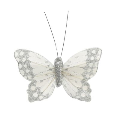  White / Silver Feather & glitter butterfly 6cm x 9cm w/clip/Pk 12