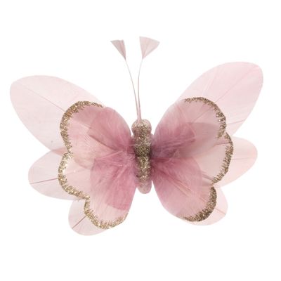 Pink Feather & Glitter Butterfly with clip 9cm x 14cm /Pk 6