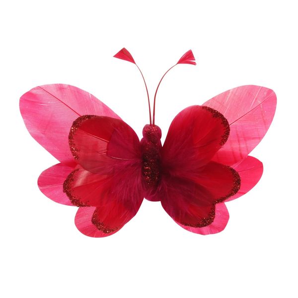 Red Feather & Glitter Butterfly with clip 9cm x 14cm /Pk 6