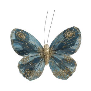 Petrol Green/Gold Feather & Glitter butterfly with clip 9cm x 12cm /Pk 12