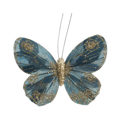 Petrol Green/Gold Feather & Glitter butterfly with clip 9cm x 12cm /Pk 12