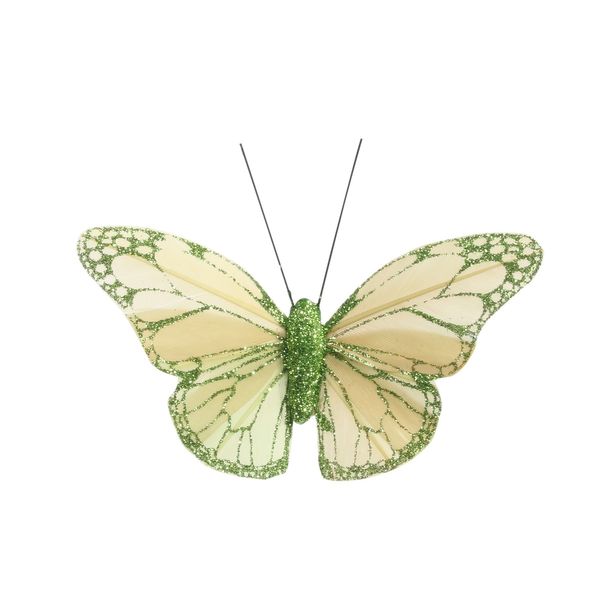 Green Feather & Glitter Butterfly 5cm x 8cm w/clip /Pk 12