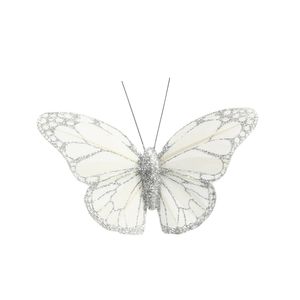 White/Silver Feather & Glitter Butterfly 5cmx 8cm w/clip /Pk 12