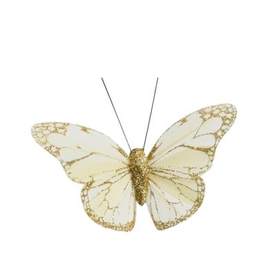 Cream/Gold Feather  & Glitter butterfly 5cm x 8cm w/clip/ Pk 12