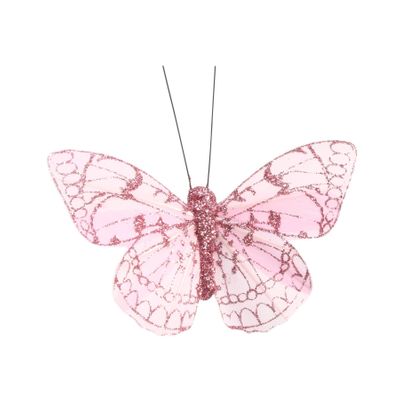 Pink Feather & Glitter Butterfly 6cm x 8cm w/clip /Pk 12