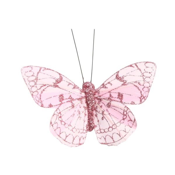 Pink Feather & Glitter Butterfly 6cm x 8cm w/clip /Pk 12