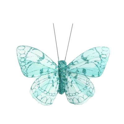 Turquoise Feather & Glitter Butterfly 6cm x 8cm w/clip/Pk 12