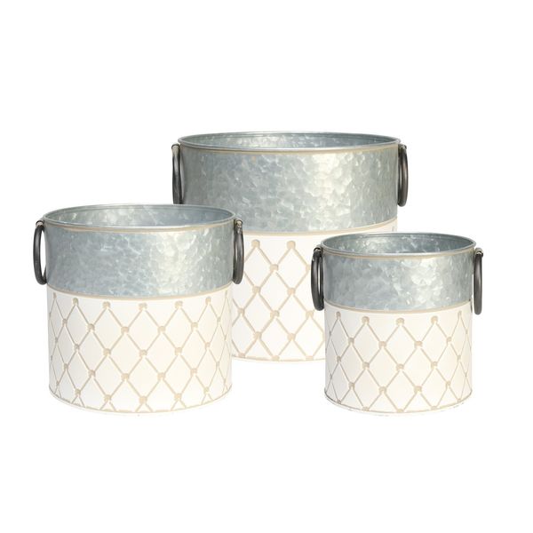 Set of 3 Two Tone Crosshatch Pattern Zinc Bucket