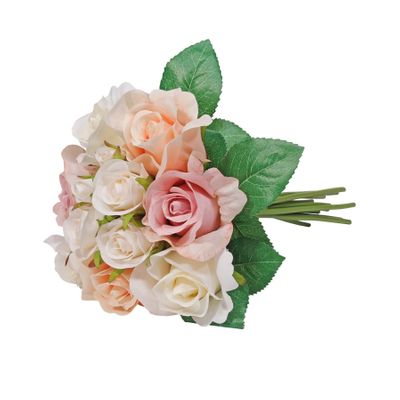 Aquitaine Rose Bouquet Pink/Cream/Champagne -12 Flowers/4Lvs 27cm (12/96)