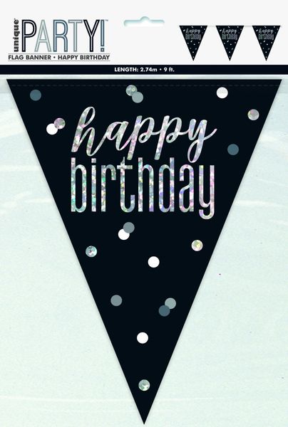 Black and Silver Prismatic Plastic Flag Happy Birthday Banner (2.74m)