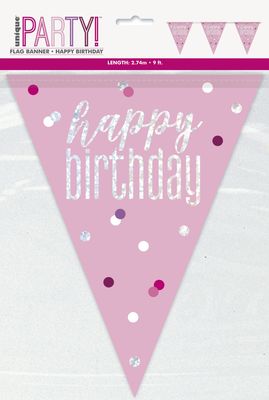 Pink and Silver Prismatic Plastic Happy Birthday Flag Banner