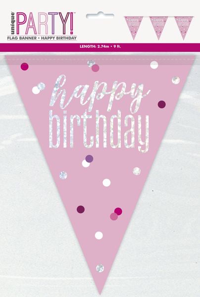Pink and Silver Prismatic Plastic Happy Birthday Flag Banner