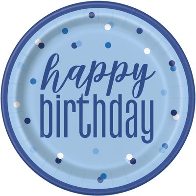 9 Inch Blue and Silver Dot Happy Bithday Plate