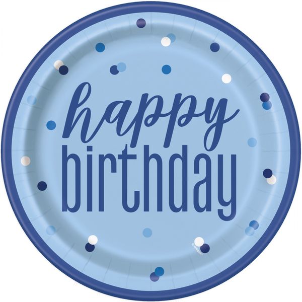 9 Inch Blue and Silver Dot Happy Bithday Plate