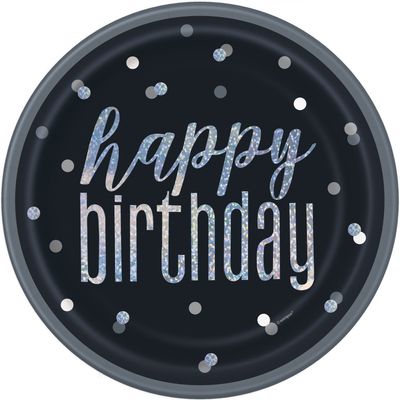 9 Inch Black and Silver Prismatic Happy Birthday Plates