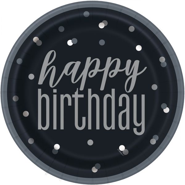 9 Inch Black and Silver Dot Happy Birthday Plates