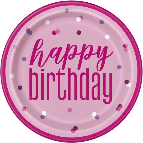 9 Inch Pink and Silver Dot Happy Bithday Plate