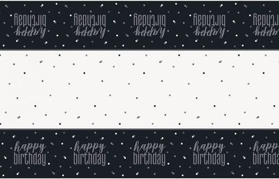 Black and Silver Happy Birthday Tablecover (1.37m x 2.13m)