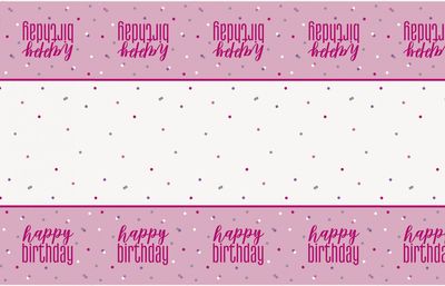 Pink and Silver Happy Birthday Tablecloth (1.37m x 2.13m)