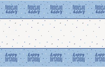 Blue and Silver Happy Birthday Tablecloth (1.37m x 2.13m)