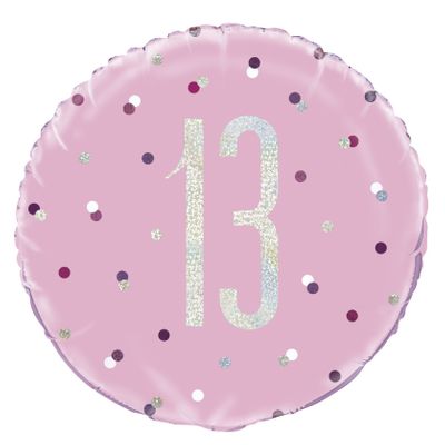 18 Inch Pink and Silver Prismatic 13th Birthday Foil Balloon