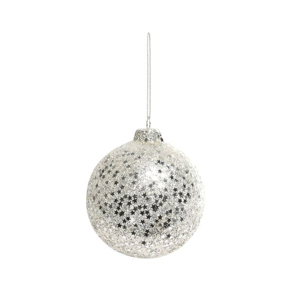 Bauble Glitter Star Glass 8cm Silver