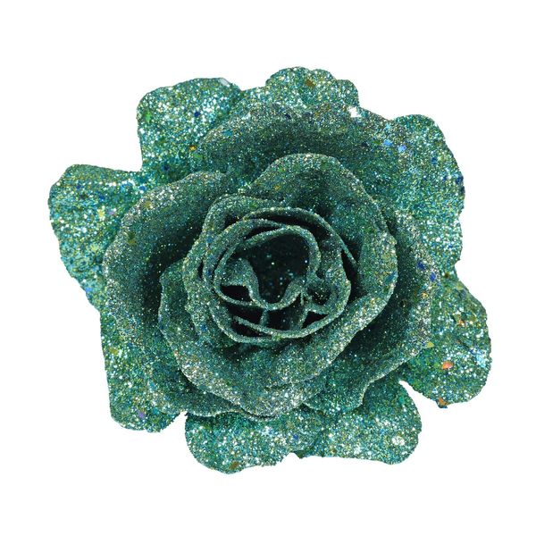 Glitter Rose w/Clip 10cm Turquoise 