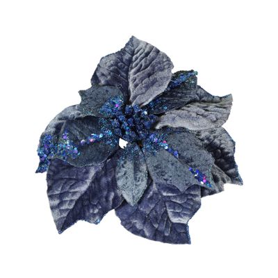 Velvet Poinsettia Flower Head W/Clip -Cobalt-10 Inch