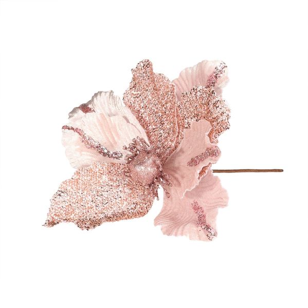 Velvet Magnolia with glitter leaf 26cm Pink 