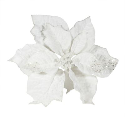 Velvet Poinsettia Flower Head W/Clip White 25cm 